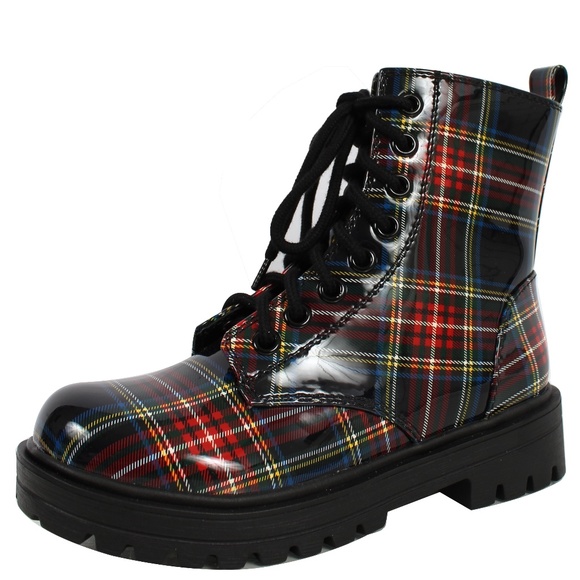 Shoes - Plaided Lace Up Combat Ankle Bootie